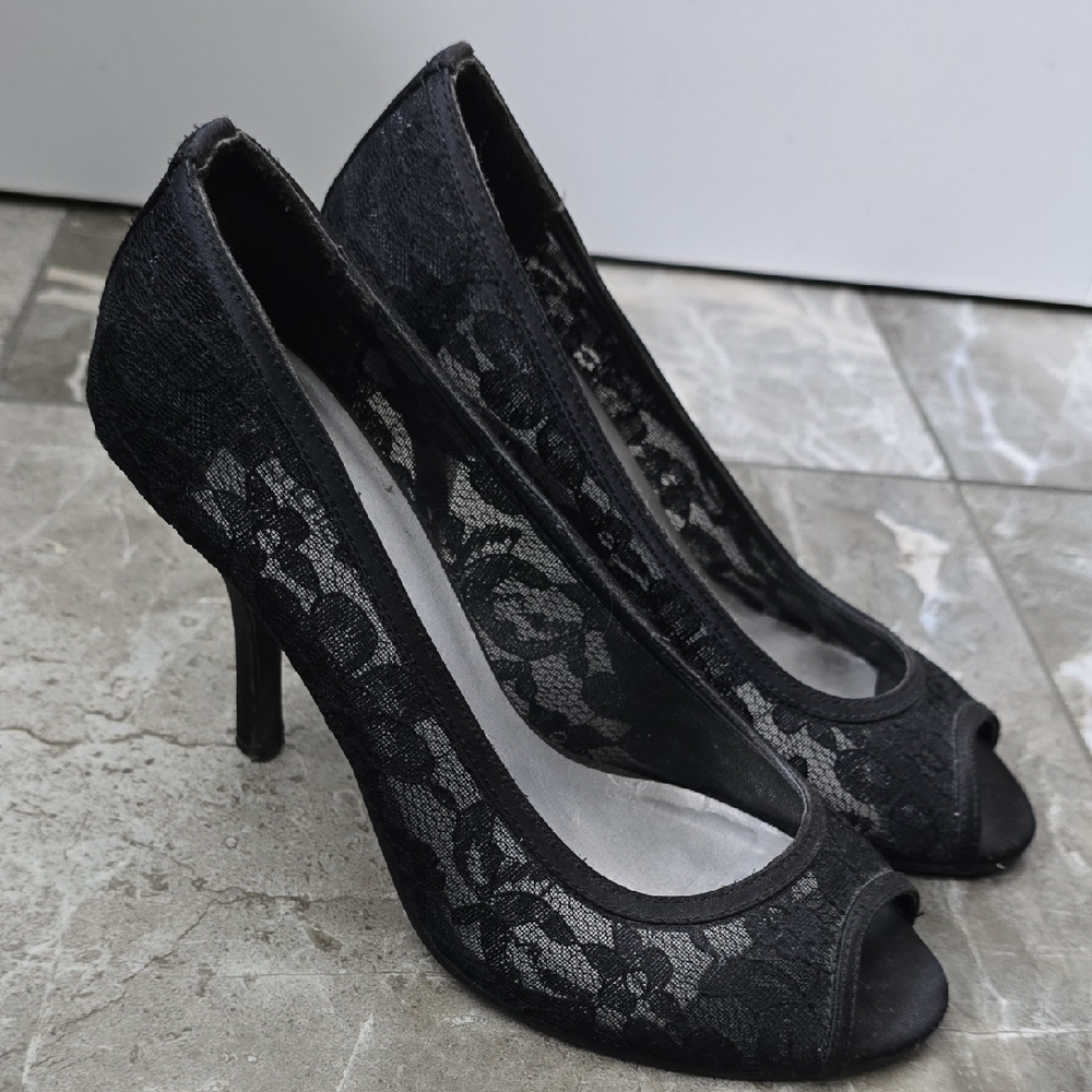 Le Chateau Black Lace Peep-Toe Heels